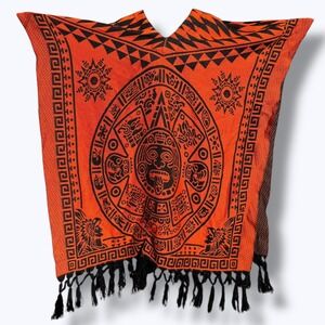 Mexican Poncho Blanket Heavy Orange Black Aztec Tribal Southwest Reversible *